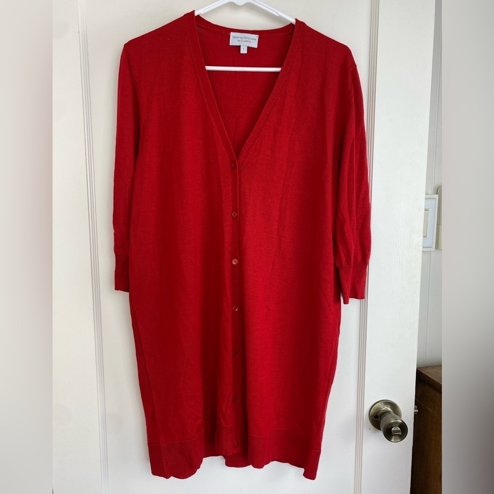 DAVID KOMA x CLARINS Cherry Red Wool Blend Cardigan Sweater size Large